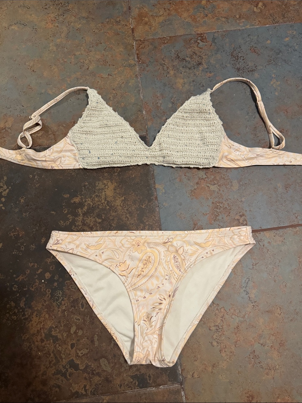 Crochet-Trim Two-Piece Bikini Set in Light Beige